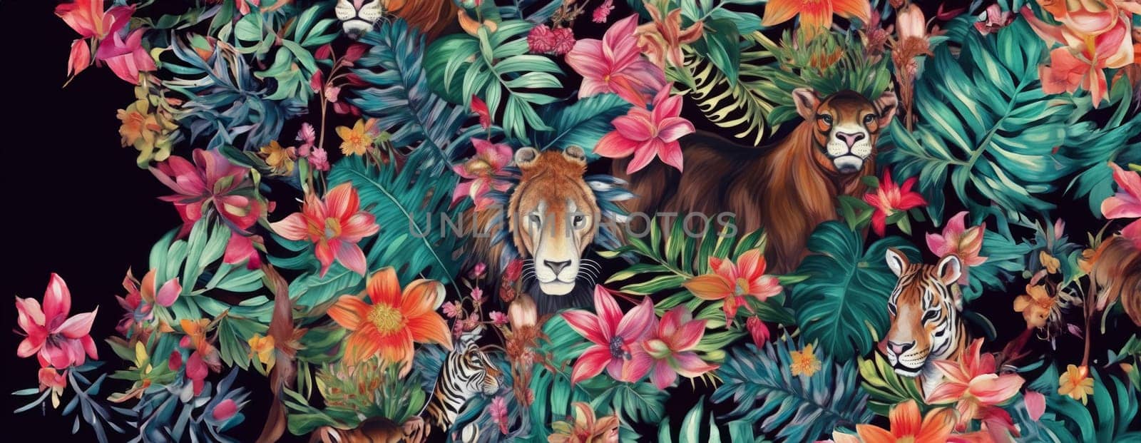 Tropical exotic pattern with animal and flowers in bright colors and lush vegetation. Ai Generative