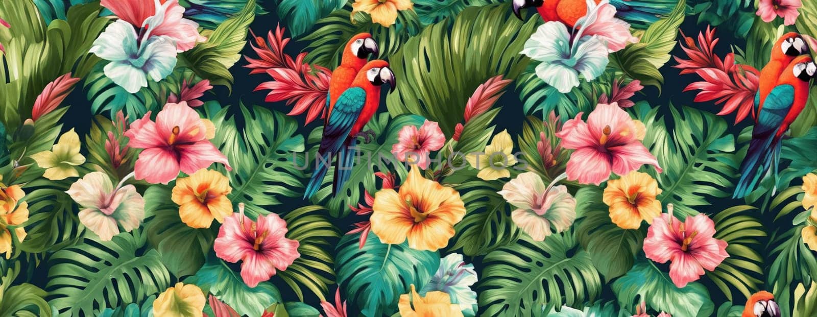 Tropical exotic pattern with animal and flowers in bright colors and lush vegetation. Ai Generative