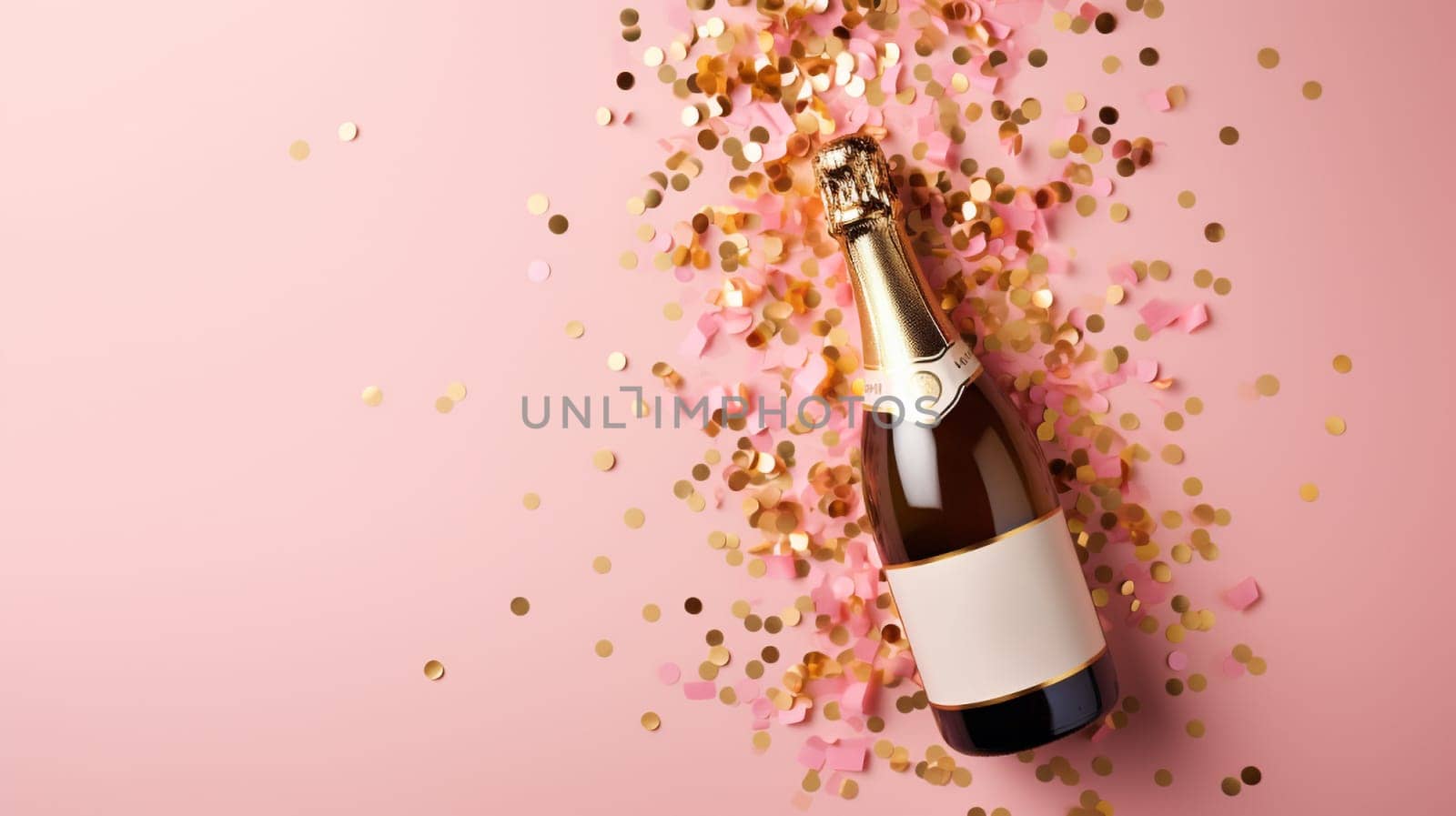 Top view of Champagne Bottle, Golden Confetti, and Decorative Balls on a Stylish light pink Background, Flat Lay Arrangement. with copy space