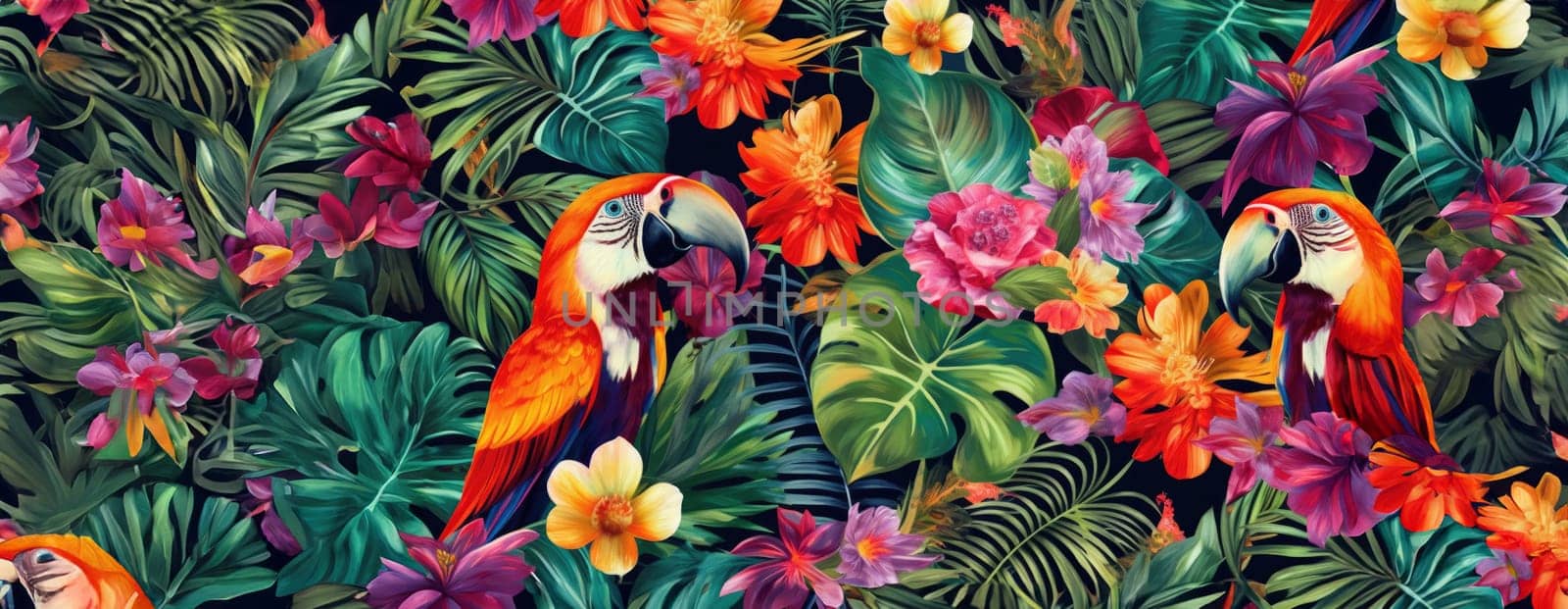 Tropical exotic pattern with animal and flowers in bright colors and lush vegetation. Ai Generative