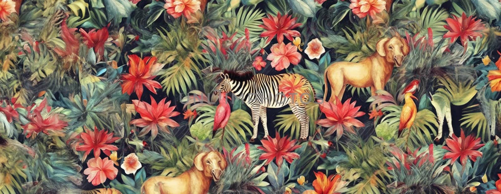 Tropical exotic pattern with animal and flowers in bright colors and lush vegetation. Ai Generative