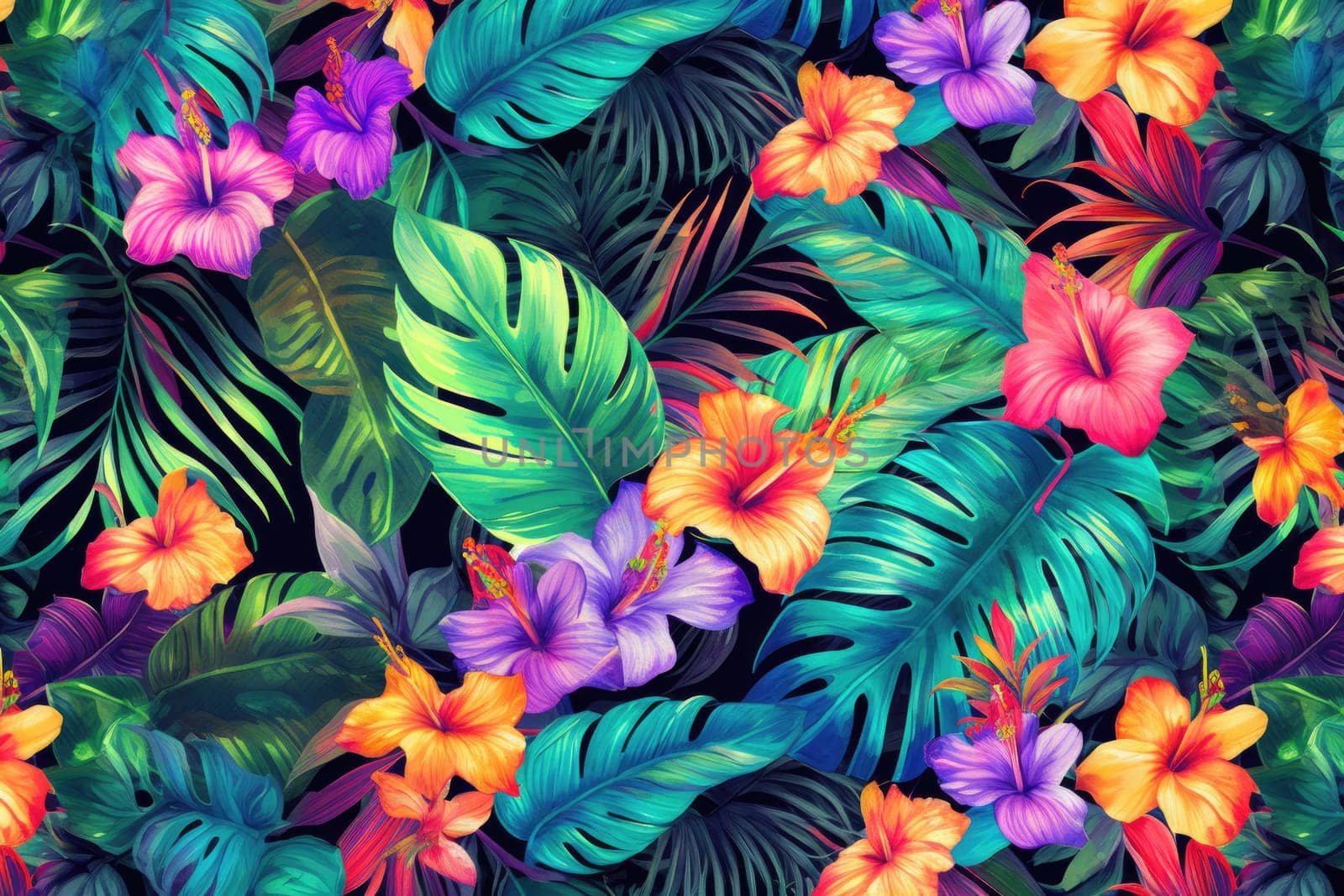 Tropical exotic pattern with animal and flowers in bright colors and lush vegetation. Ai Generative