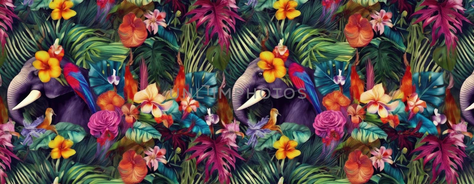 Tropical exotic pattern with animal and flowers in bright colors and lush vegetation. Ai Generative