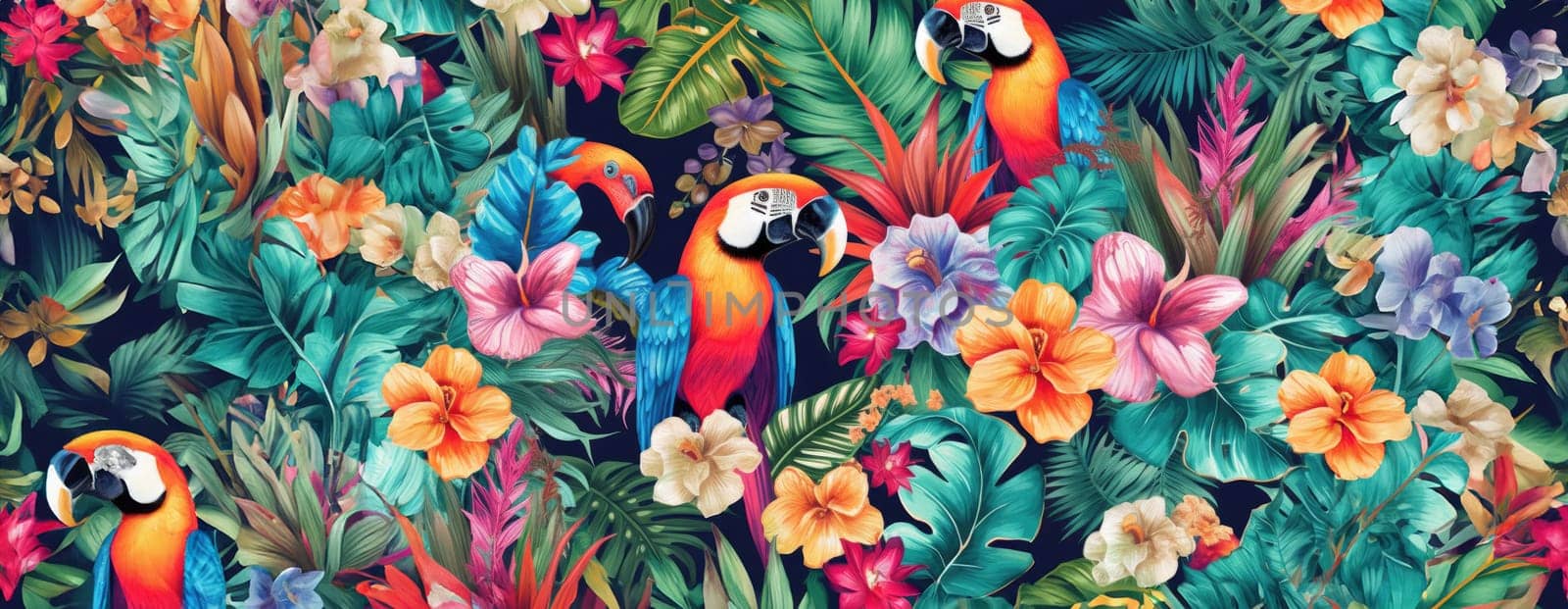 Tropical exotic pattern with animal and flowers in bright colors and lush vegetation. Ai Generative. by Benzoix