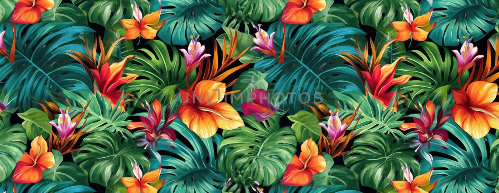 Tropical exotic pattern with animal and flowers in bright colors and lush vegetation. Ai Generative