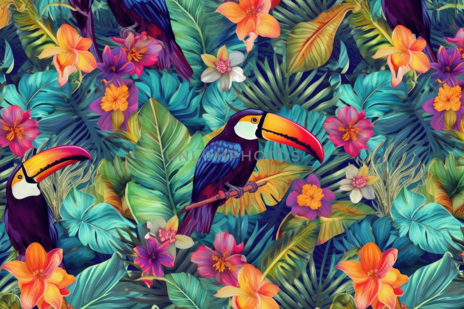 Tropical exotic pattern with animal and flowers in bright colors and lush vegetation. Ai Generative. by Benzoix