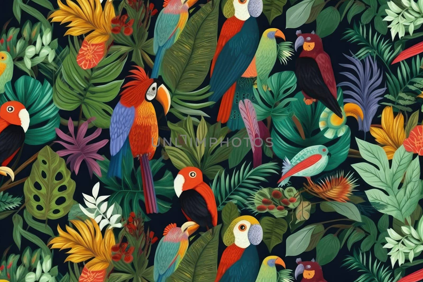 Tropical exotic pattern with animal and flowers in bright colors and lush vegetation. Ai Generative. by Benzoix