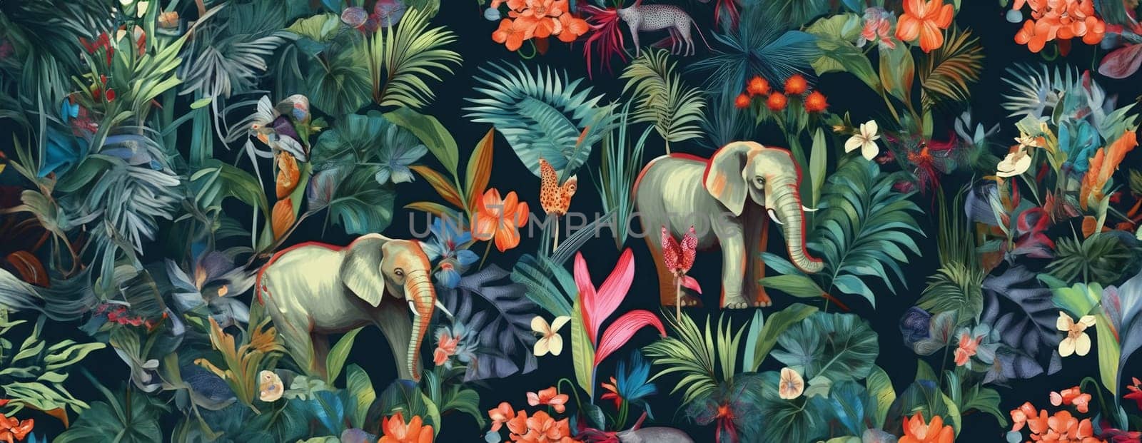 Tropical exotic pattern with animal and flowers in bright colors and lush vegetation. Ai Generative. by Benzoix