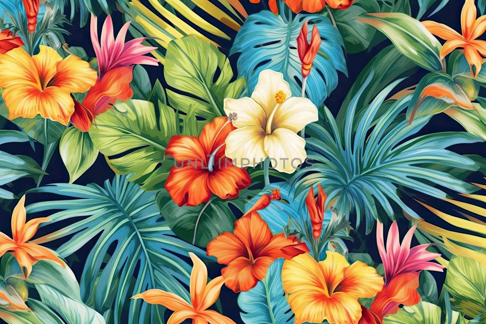 Tropical exotic pattern with animal and flowers in bright colors and lush vegetation. Ai Generative. by Benzoix