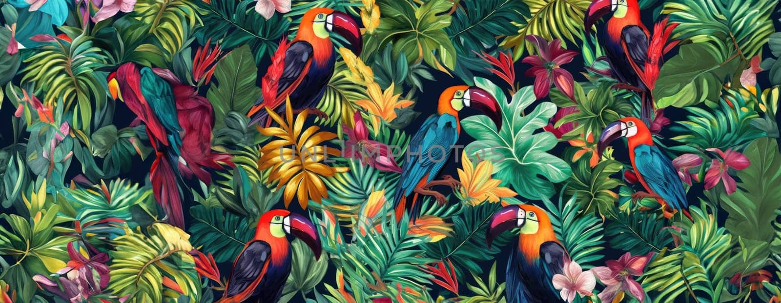 Tropical exotic pattern with animal and flowers in bright colors and lush vegetation. Ai Generative