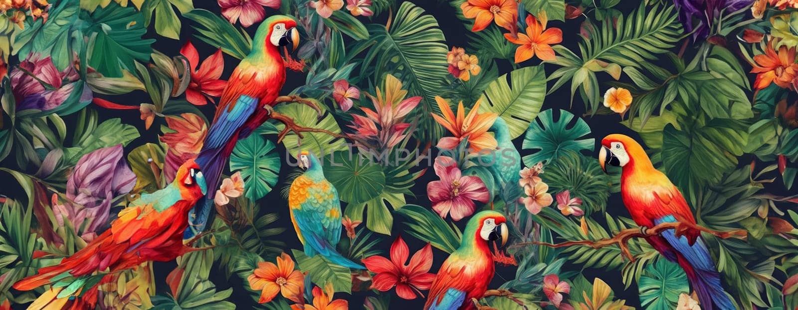 Tropical exotic pattern with animal and flowers in bright colors and lush vegetation. Ai Generative. by Benzoix