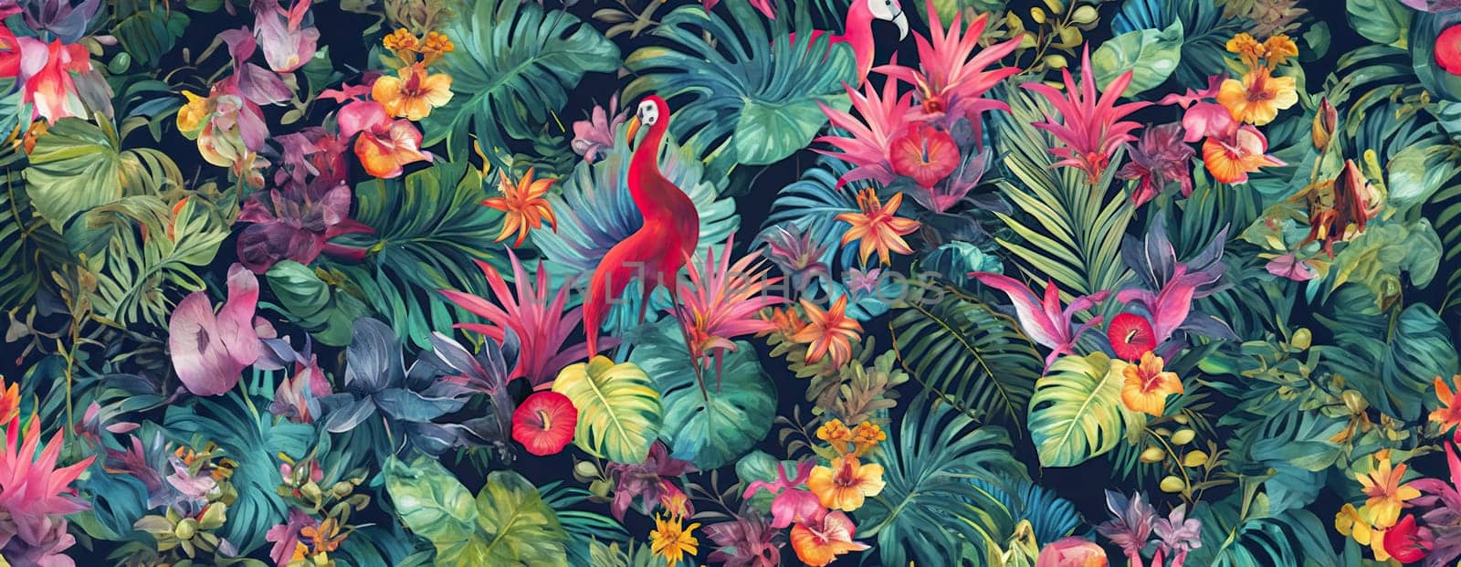 Tropical exotic pattern with animal and flowers in bright colors and lush vegetation. Ai Generative