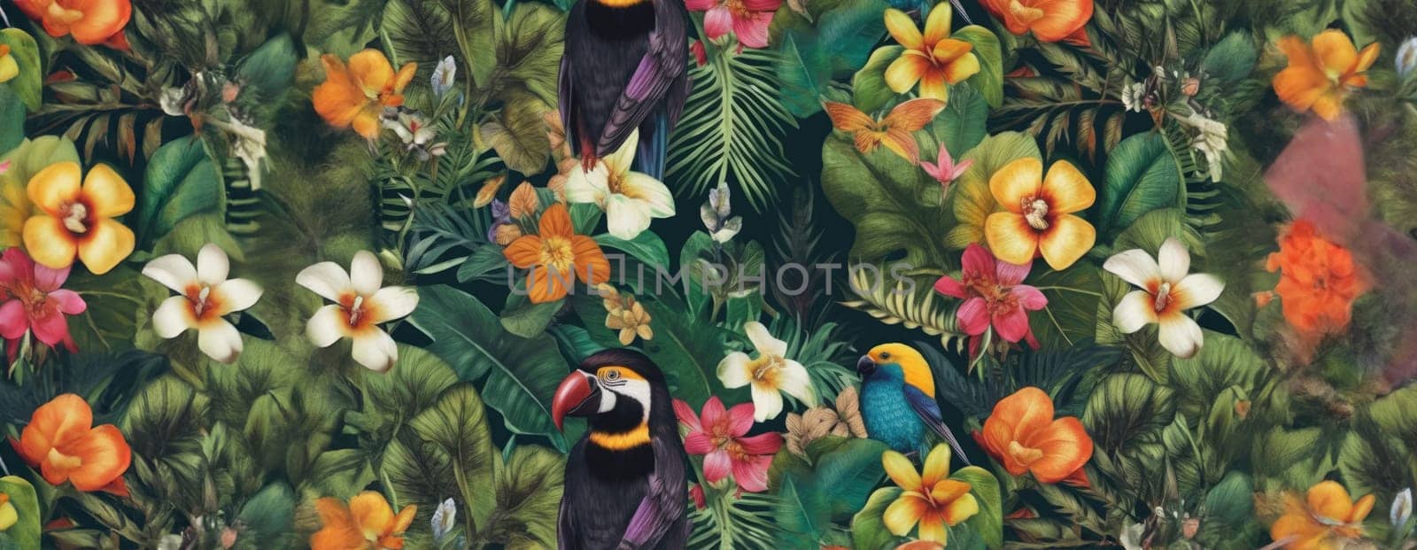 Tropical exotic pattern with animal and flowers in bright colors and lush vegetation. Ai Generative. by Benzoix