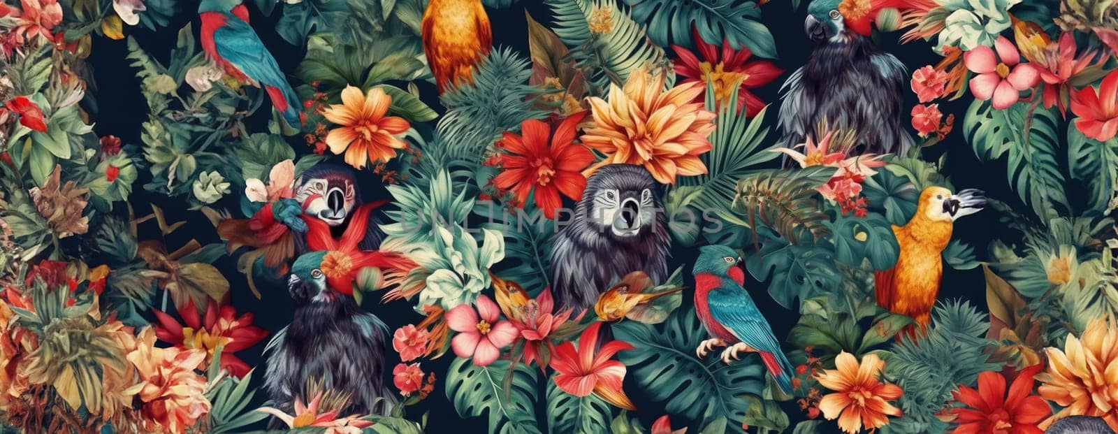 Tropical exotic pattern with animal and flowers in bright colors and lush vegetation. Ai Generative