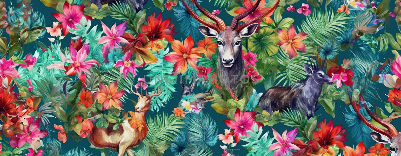 Tropical exotic pattern with animal and flowers in bright colors and lush vegetation. Ai Generative. by Benzoix