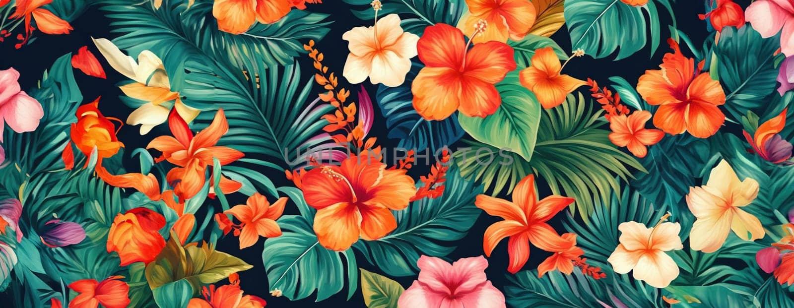 Tropical exotic pattern with animal and flowers in bright colors and lush vegetation. Ai Generative