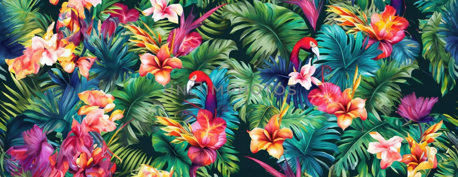 Tropical exotic pattern with animal and flowers in bright colors and lush vegetation. Ai Generative. by Benzoix