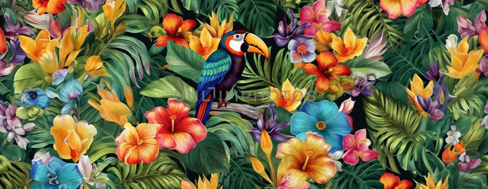 Tropical exotic pattern with animal and flowers in bright colors and lush vegetation. Ai Generative