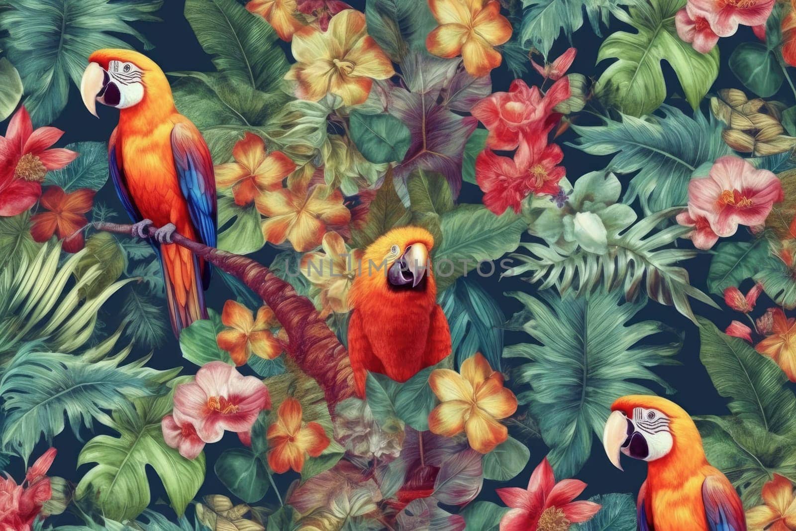 Tropical exotic pattern with animal and flowers in bright colors and lush vegetation. Ai Generative. by Benzoix