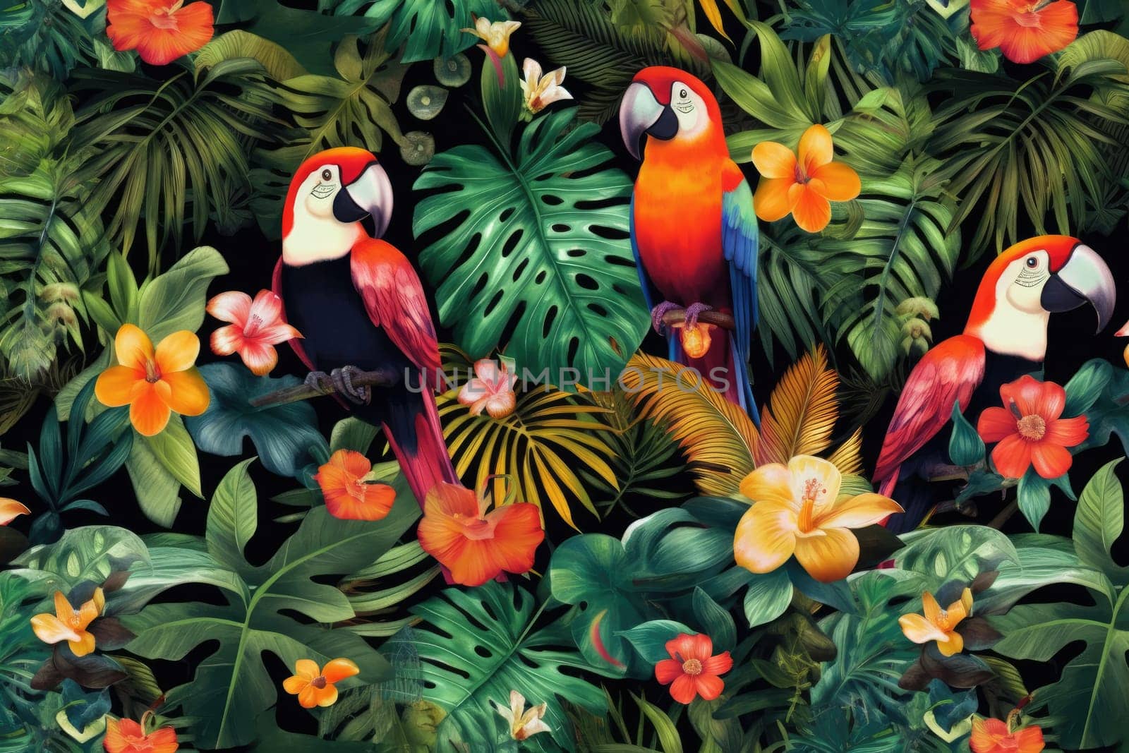 Tropical exotic pattern with animal and flowers in bright colors and lush vegetation. Ai Generative