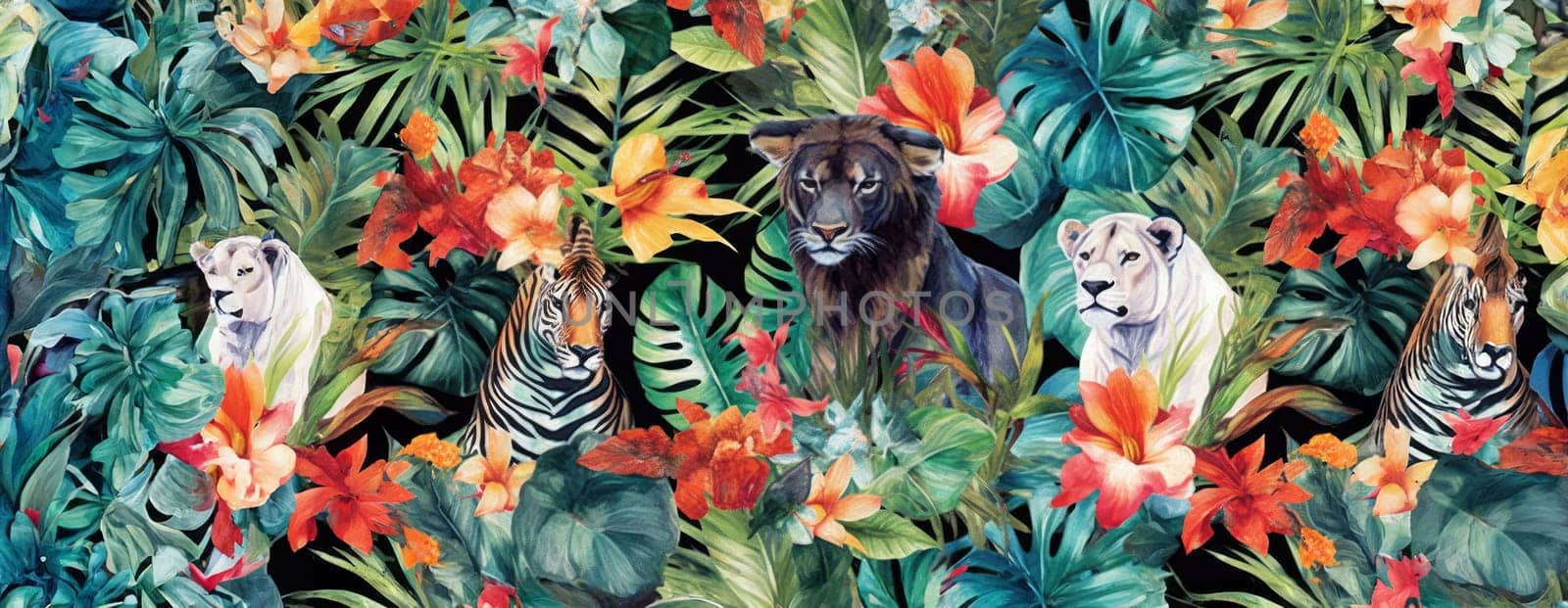 Tropical exotic pattern with animal and flowers in bright colors and lush vegetation. Ai Generative