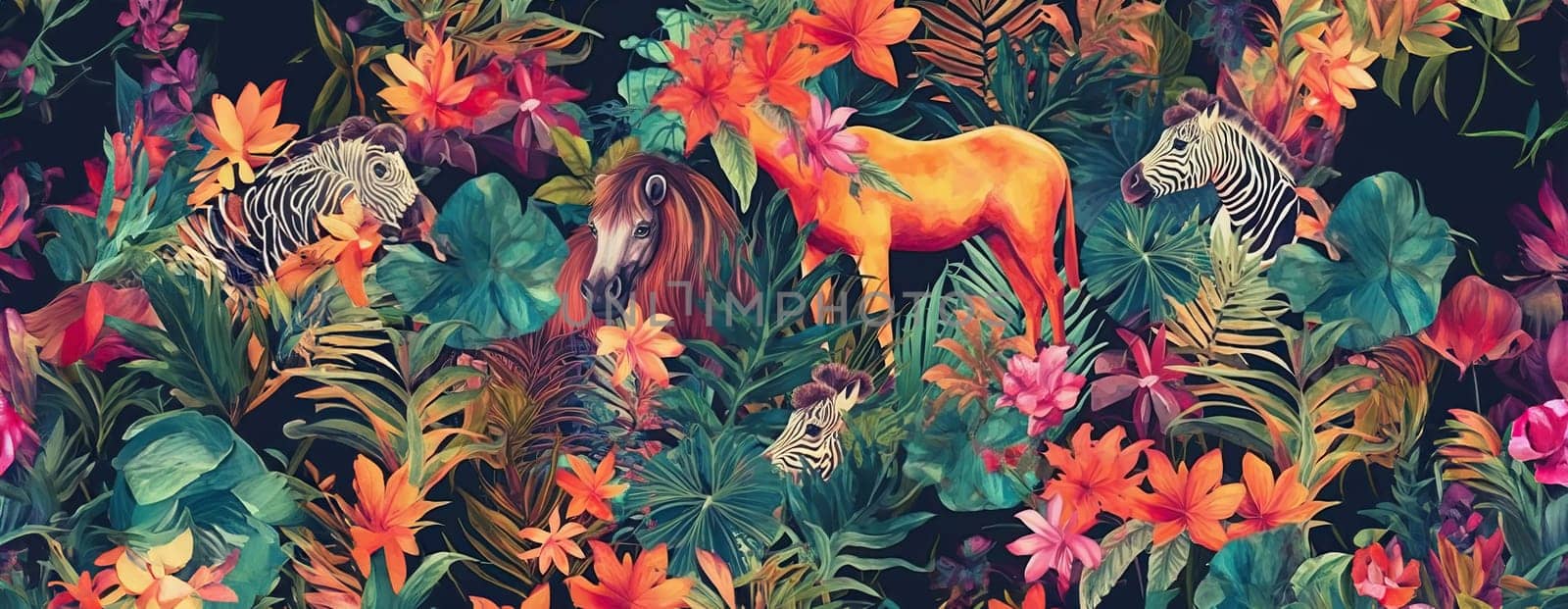 Tropical exotic pattern with animal and flowers in bright colors and lush vegetation. Ai Generative