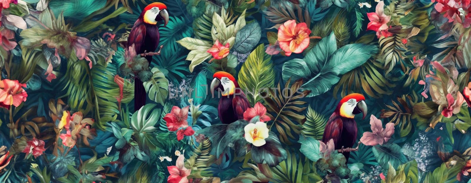 Tropical exotic pattern with animal and flowers in bright colors and lush vegetation. Ai Generative