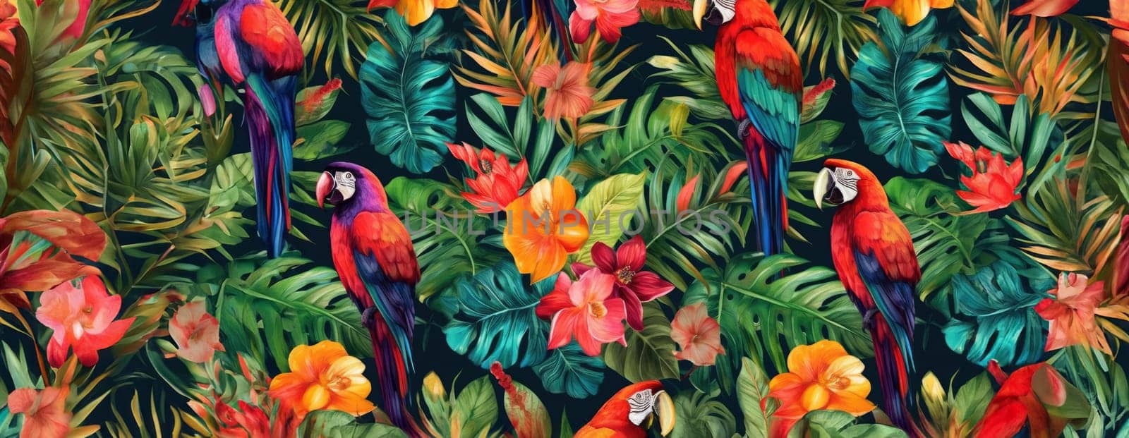 Tropical exotic pattern with animal and flowers in bright colors and lush vegetation. Ai Generative