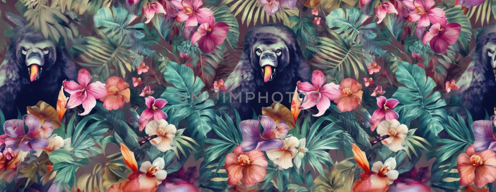 Tropical exotic pattern with animal and flowers in bright colors and lush vegetation. Ai Generative