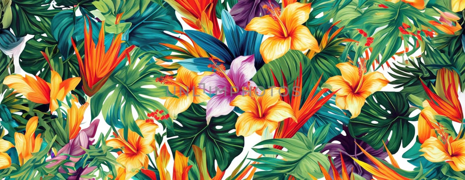 Tropical exotic pattern with animal and flowers in bright colors and lush vegetation. Ai Generative