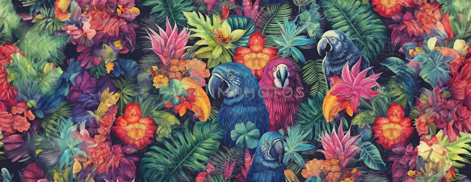 Tropical exotic pattern with animal and flowers in bright colors and lush vegetation. Ai Generative