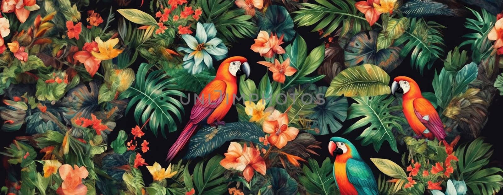 Tropical exotic pattern with animal and flowers in bright colors and lush vegetation. Ai Generative