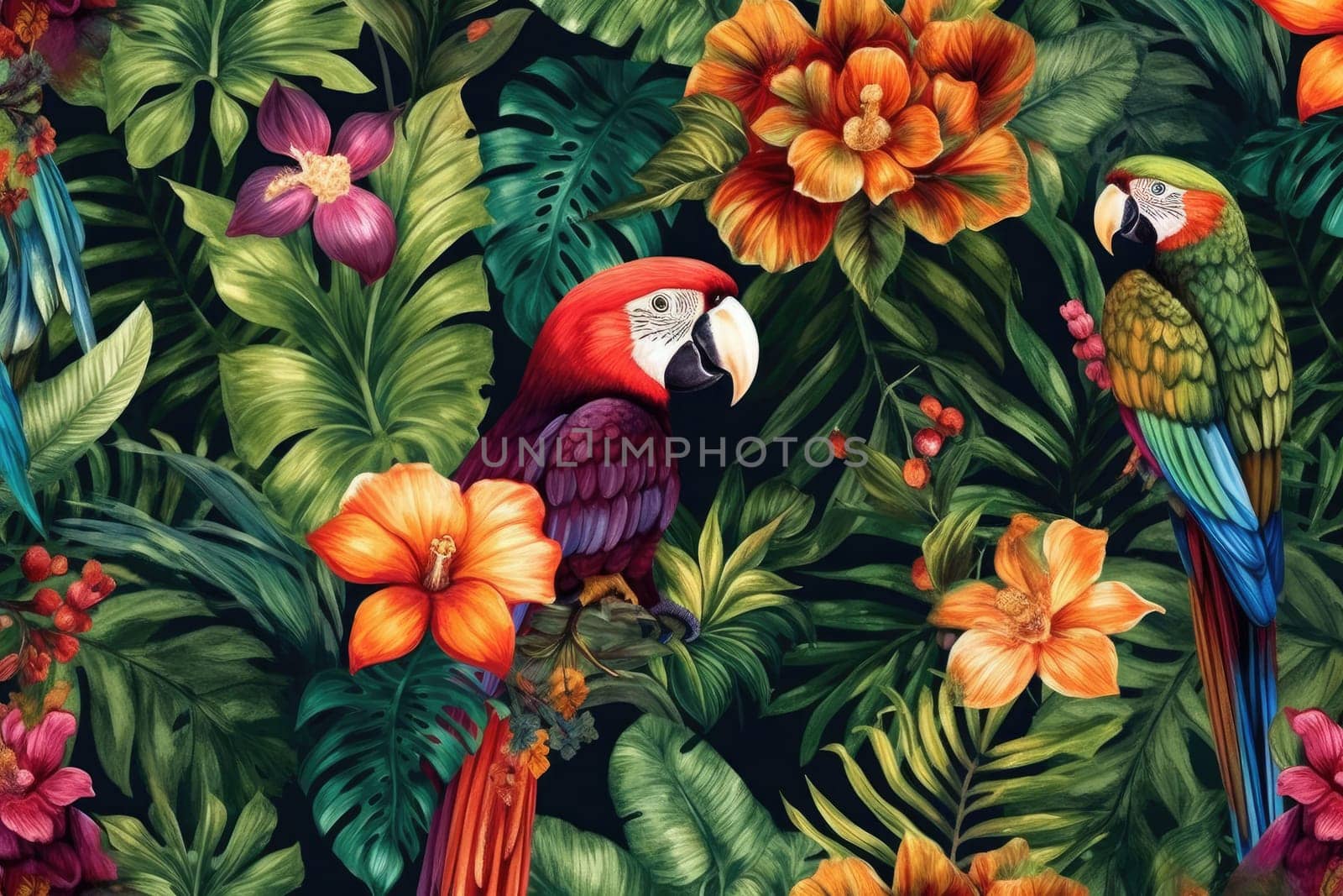 Tropical exotic pattern with animal and flowers in bright colors and lush vegetation. Ai Generative. by Benzoix