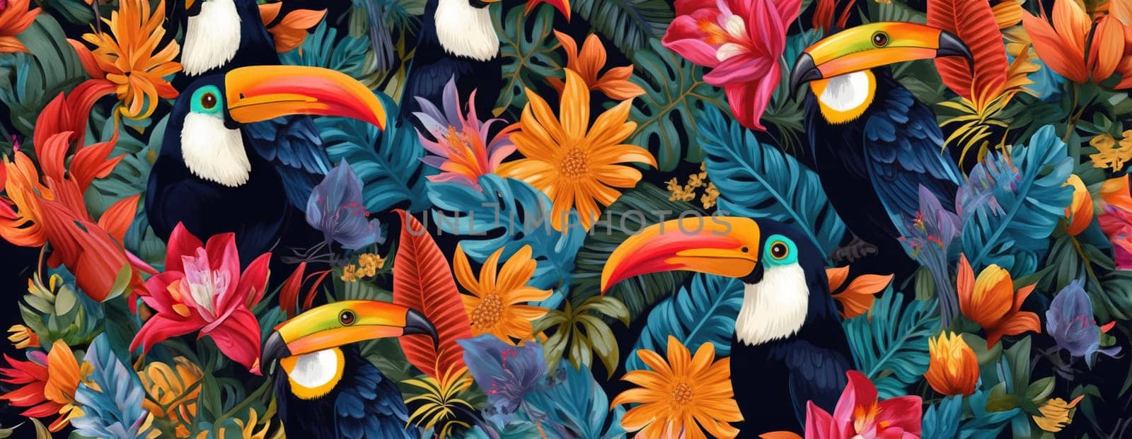 Tropical exotic pattern with animal and flowers in bright colors and lush vegetation. Ai Generative