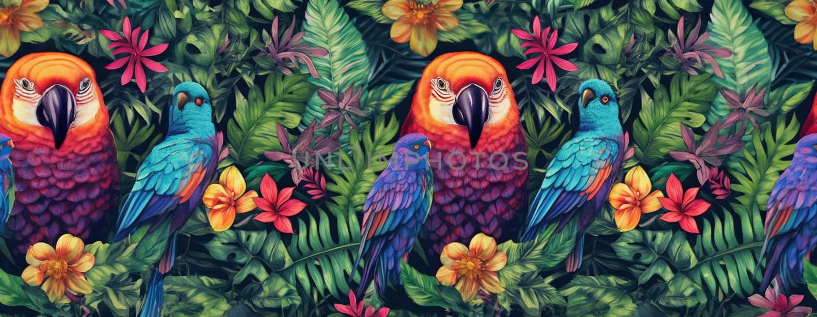 Tropical exotic pattern with animal and flowers in bright colors and lush vegetation. Ai Generative. by Benzoix