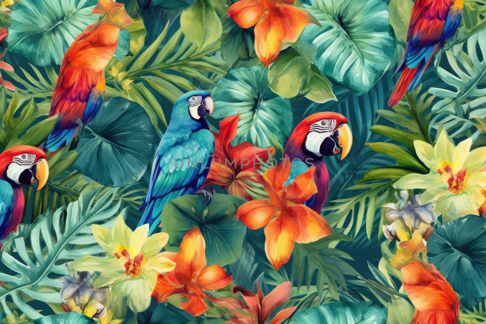 Tropical exotic pattern with animal and flowers in bright colors and lush vegetation. Ai Generative