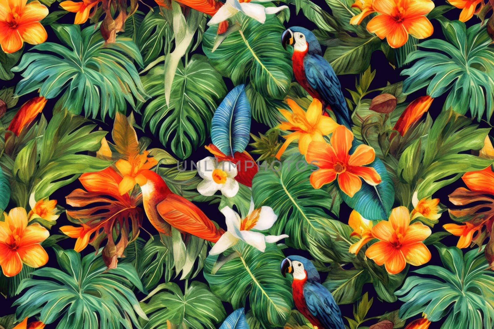 Tropical exotic pattern with animal and flowers in bright colors and lush vegetation. Ai Generative