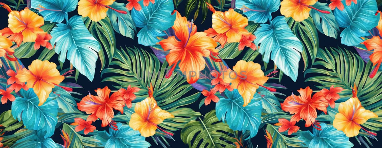 Tropical exotic pattern with animal and flowers in bright colors and lush vegetation. Ai Generative