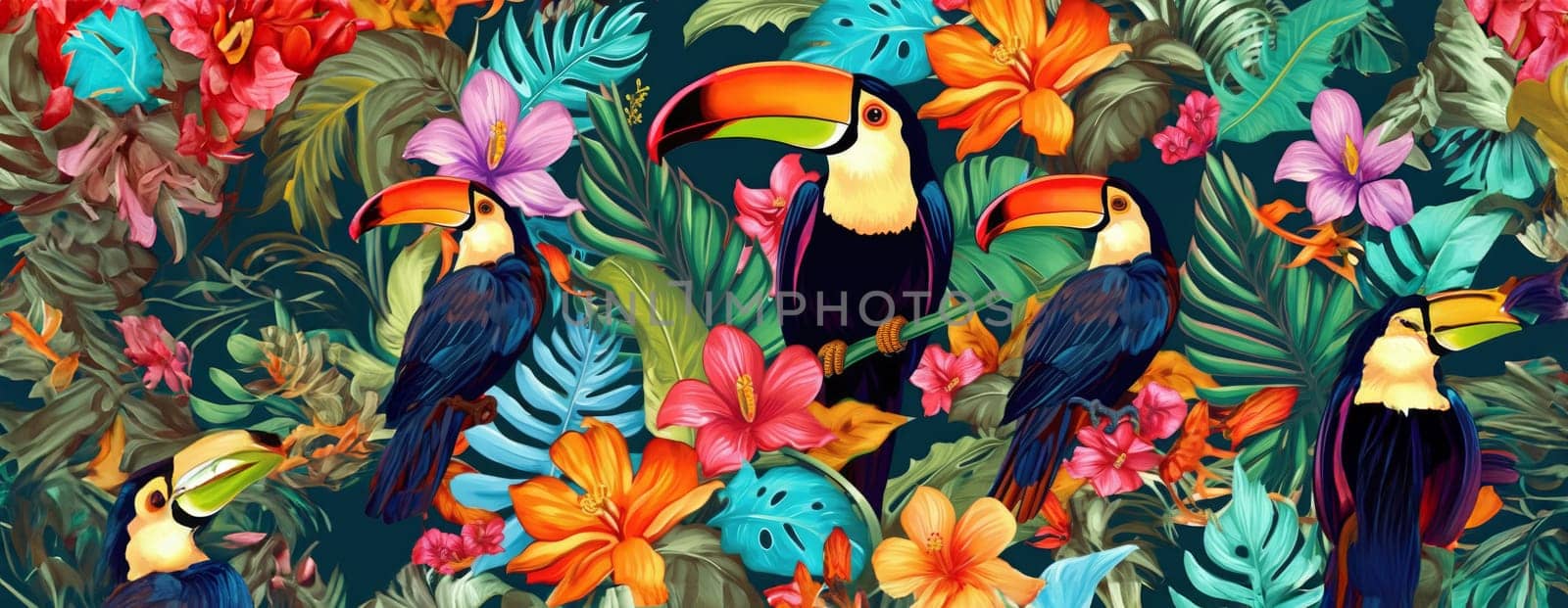 Tropical exotic pattern with animal and flowers in bright colors and lush vegetation. Ai Generative