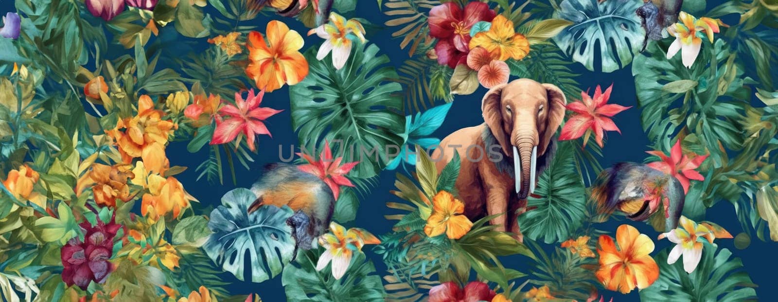 Tropical exotic pattern with animal and flowers in bright colors and lush vegetation. Ai Generative