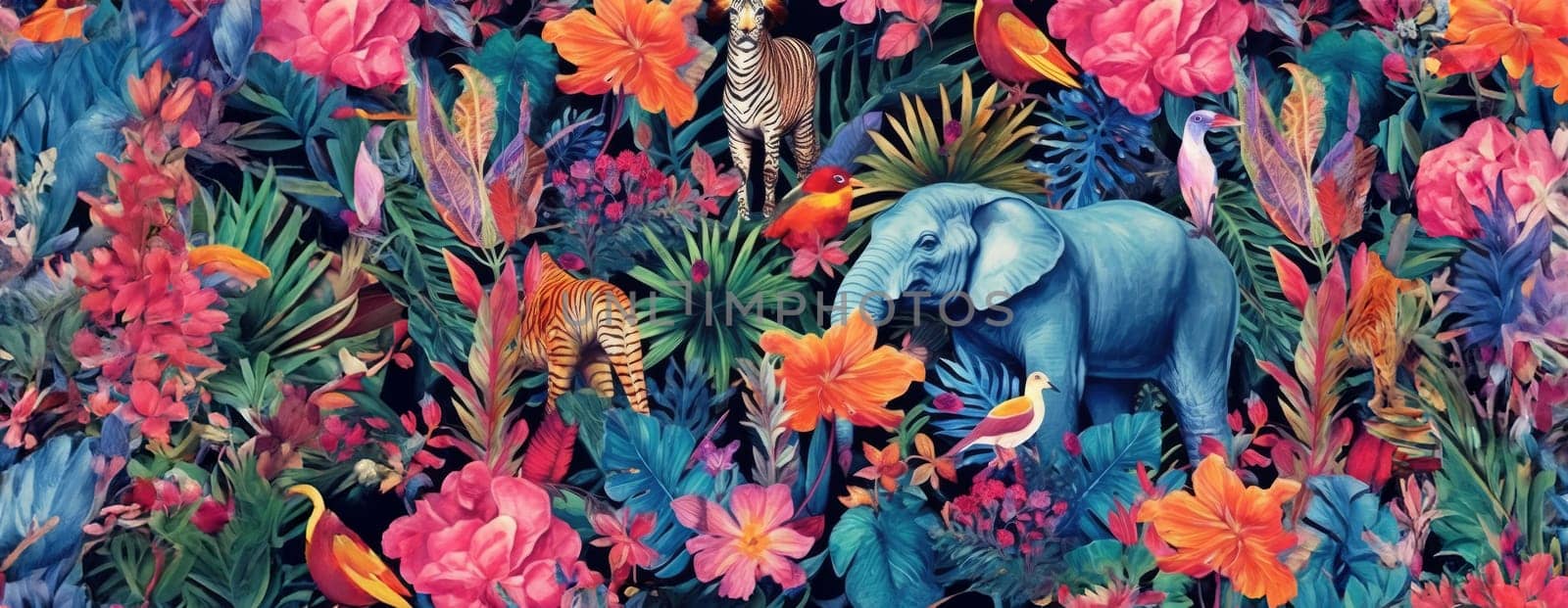 Tropical exotic pattern with animal and flowers in bright colors and lush vegetation. Ai Generative. by Benzoix