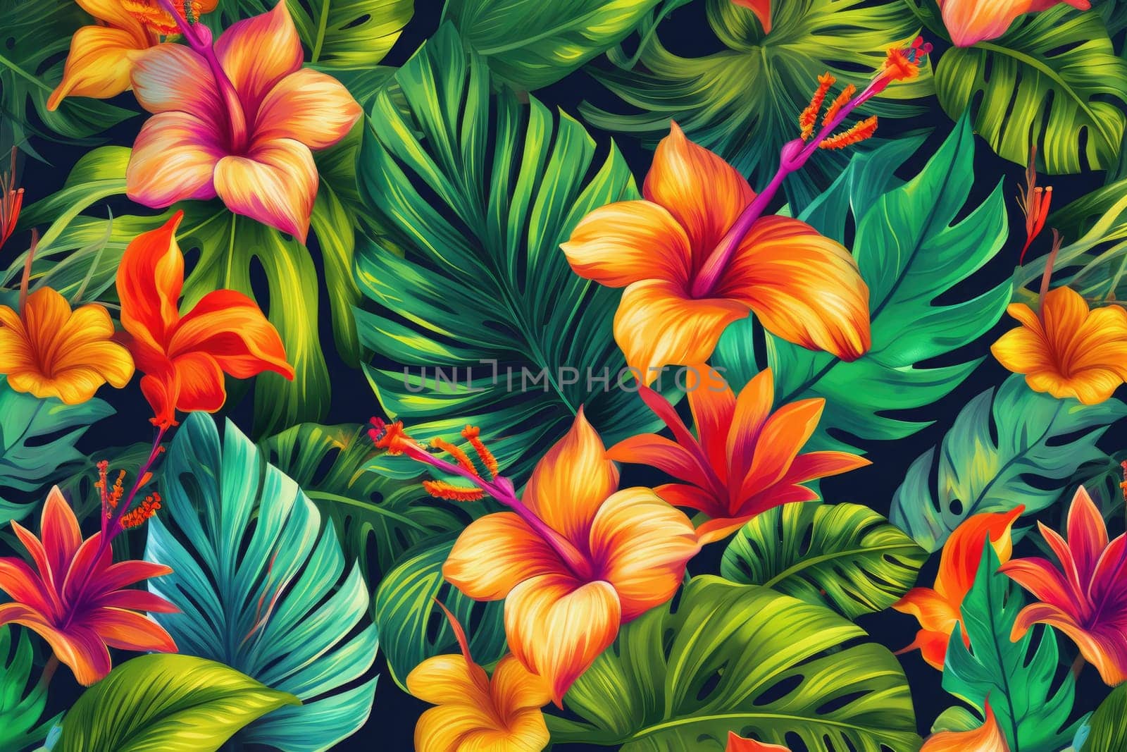 Tropical exotic pattern with animal and flowers in bright colors and lush vegetation. Ai Generative