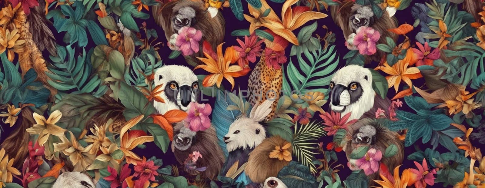 Tropical exotic pattern with animal and flowers in bright colors and lush vegetation. Ai Generative. by Benzoix