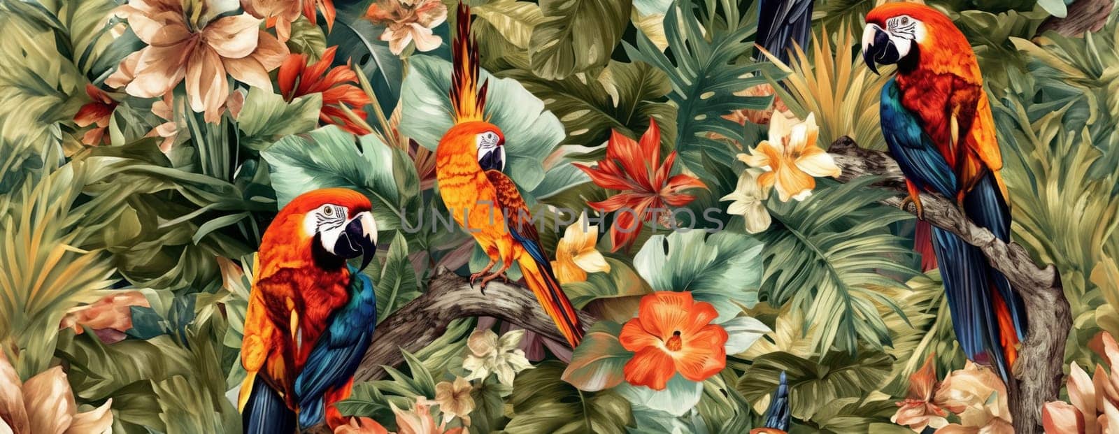 Tropical exotic pattern with animal and flowers in bright colors and lush vegetation. Ai Generative. by Benzoix