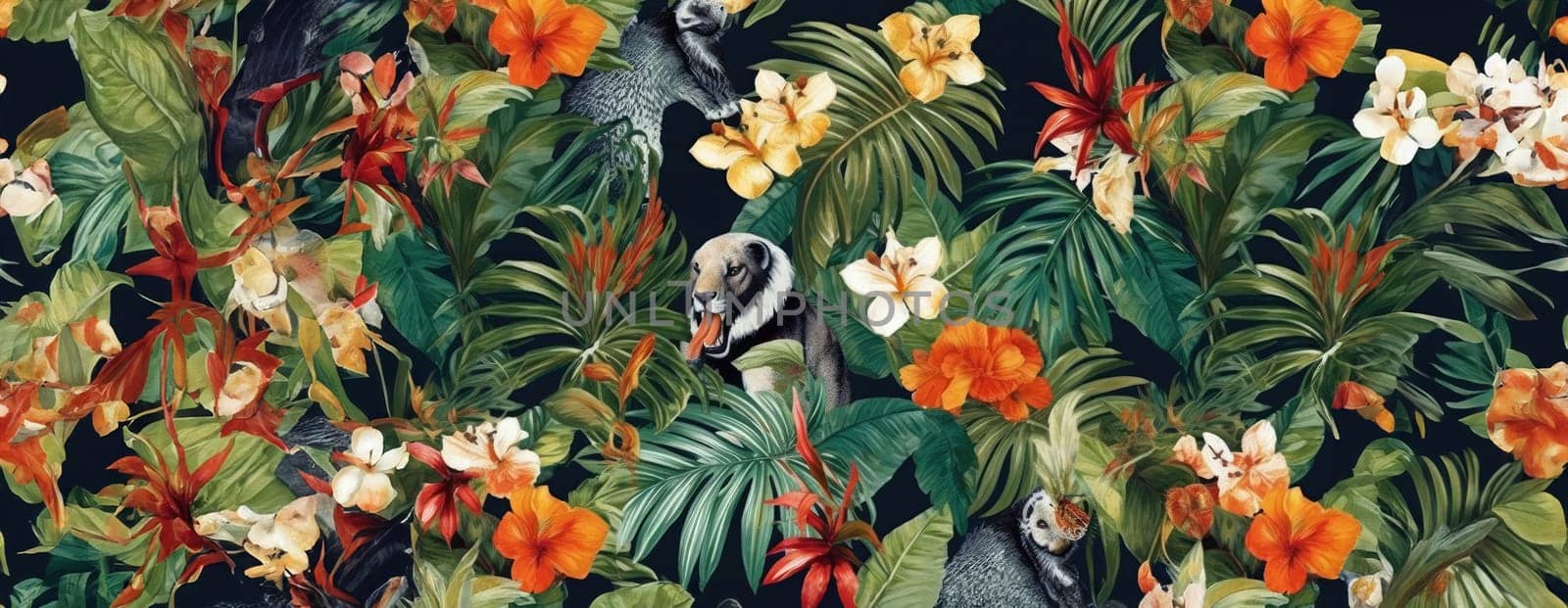 Tropical exotic pattern with animal and flowers in bright colors and lush vegetation. Ai Generative. by Benzoix