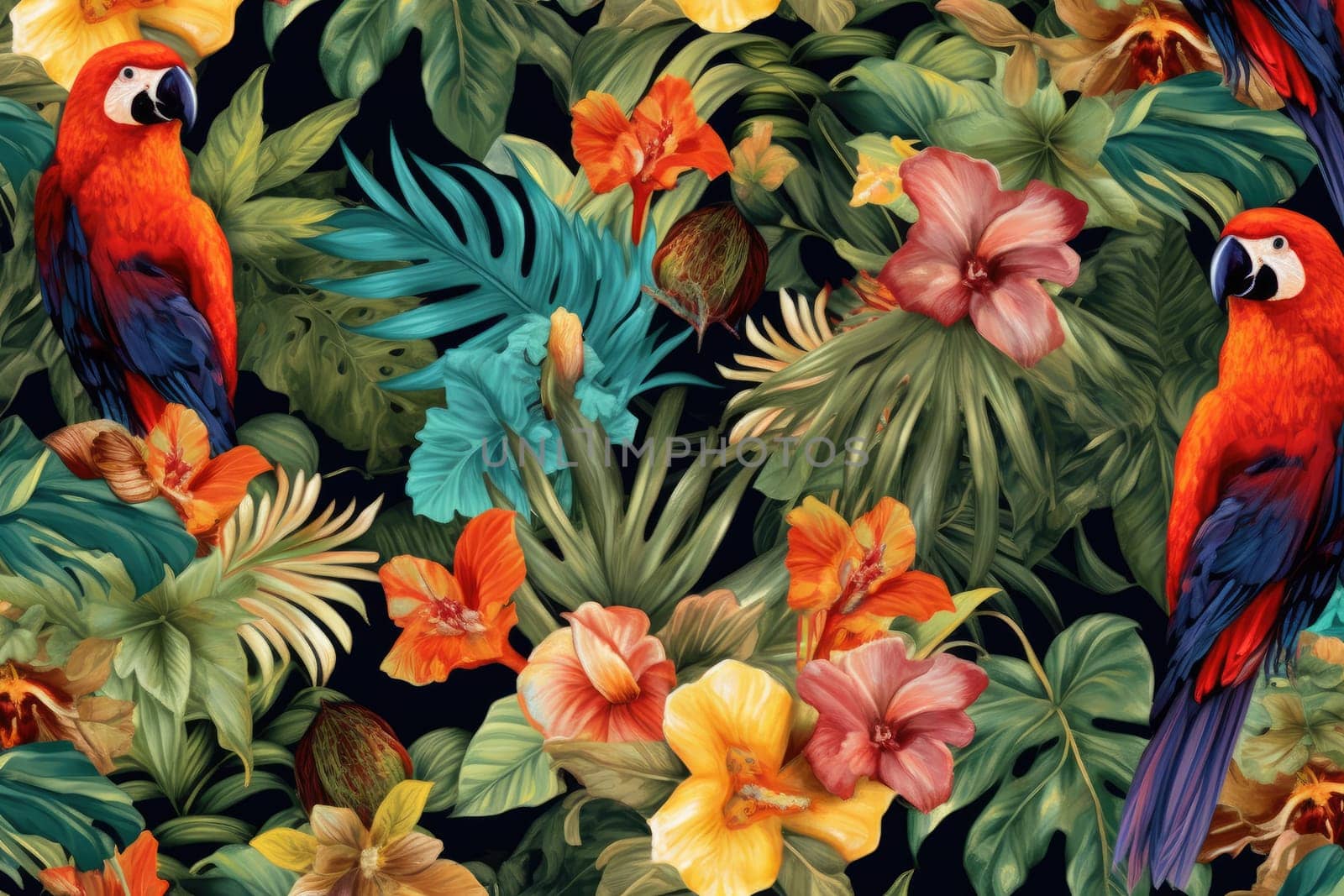 Tropical exotic pattern with animal and flowers in bright colors and lush vegetation. Ai Generative