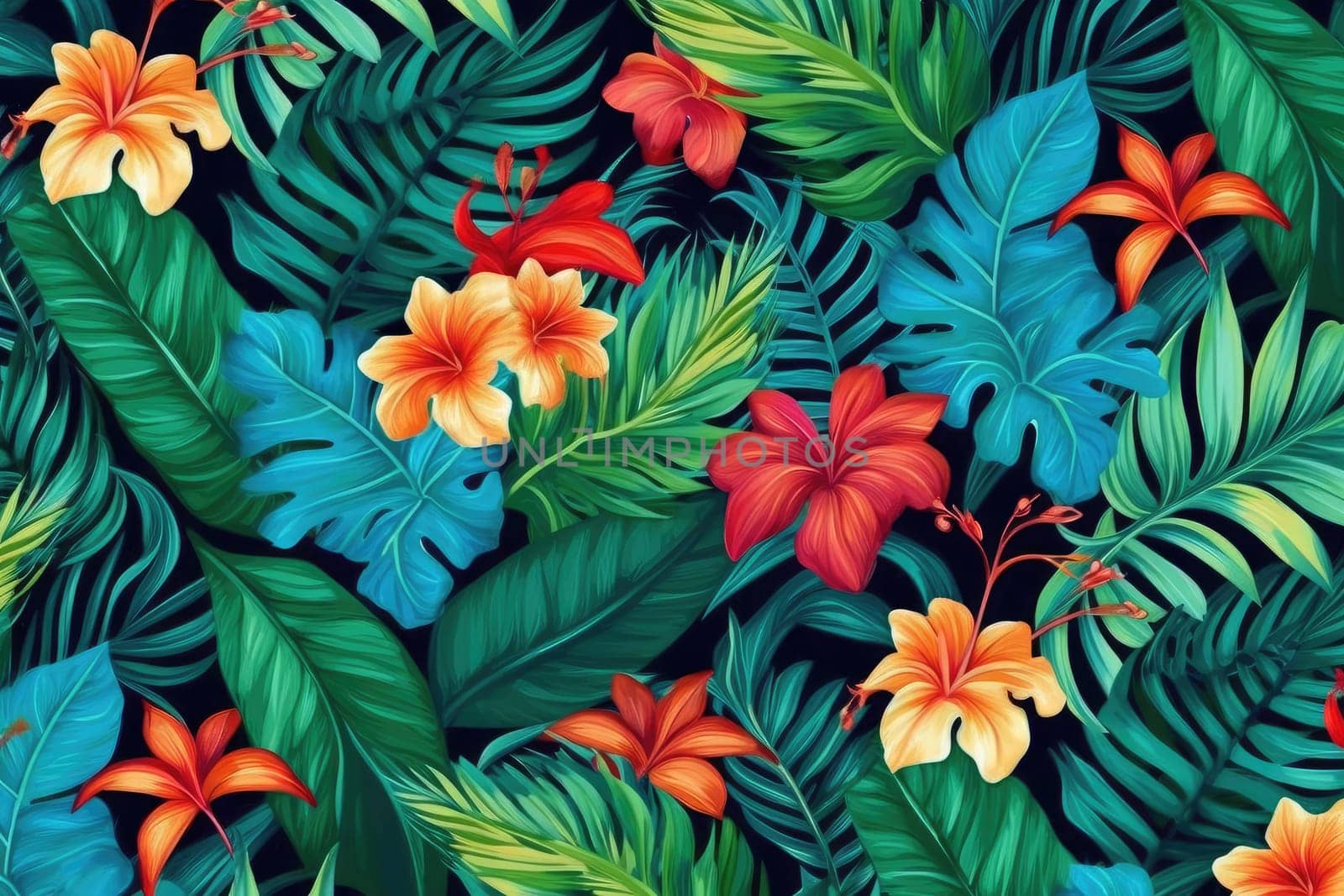 Tropical exotic pattern with animal and flowers in bright colors and lush vegetation. Ai Generative