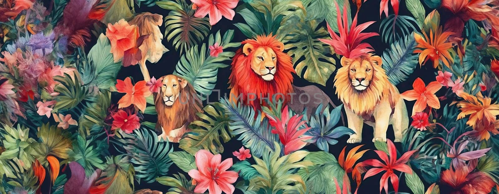 Tropical exotic pattern with animal and flowers in bright colors and lush vegetation. Ai Generative