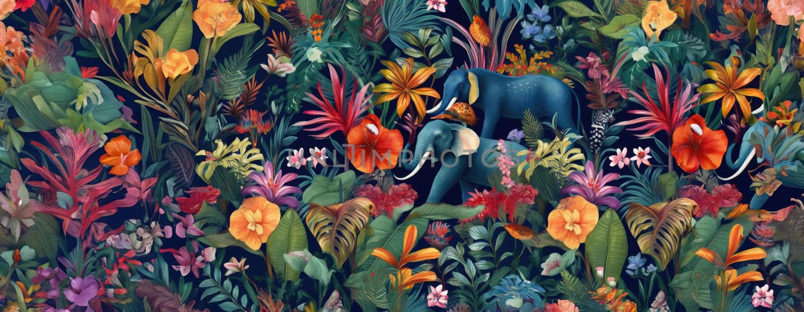 Tropical exotic pattern with animal and flowers in bright colors and lush vegetation. Ai Generative. by Benzoix