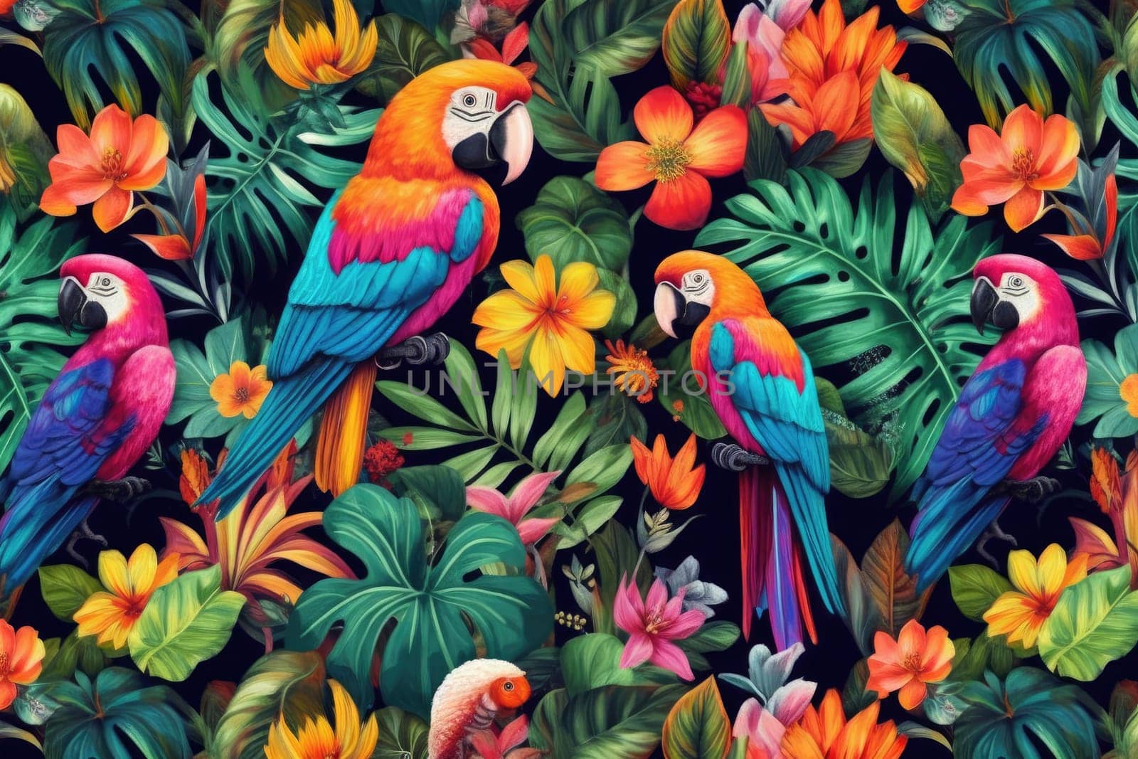 Tropical exotic pattern with animal and flowers in bright colors and lush vegetation. Ai Generative